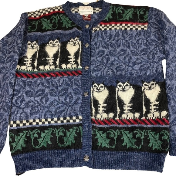 Vintage 90s Susan Bristol Pure Wool Cat Cardigan Sweater Medium - Picture 9 of 13